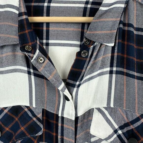 Sanctuary Women's Size L Long Sleeve Plaid Boyfriend Shirt Blue White Snap Front - Picture 3 of 11